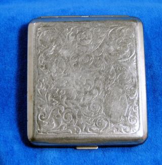 Vintage Silver Plated Cigarette Case Card Holder Engraved Compact Box Art Deco