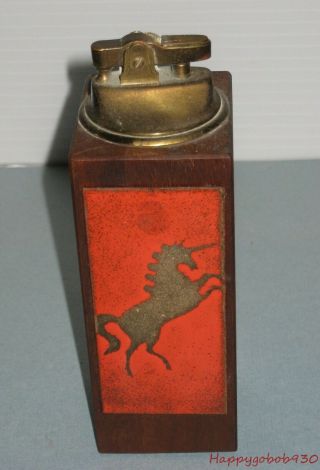 Vintage Mid Century Walnut & Copper Enameled Table Top Lighter Unicorn