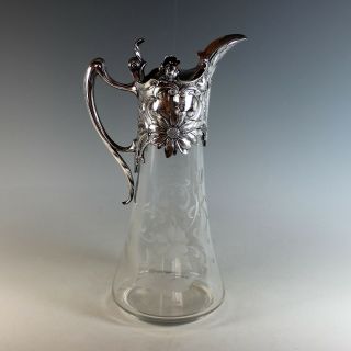 Wmf Art Nouveau Silverplate And Etched Glass Claret Jug Carafe Silver Plate