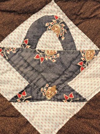 Antique Quilt hand stitched basket appliqués madder brown,  indigo,  moon fabric 2