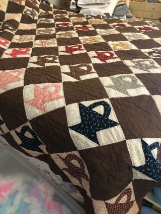 Antique Quilt hand stitched basket appliqués madder brown,  indigo,  moon fabric 3