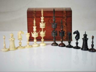 Antique Chess Set Fine German Selenus Pattern K 126 Mm And Box No Board