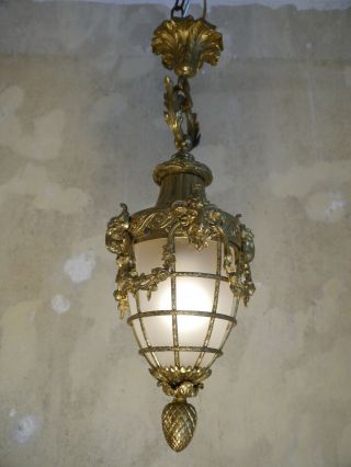 Antique Rare Bronze Shiny Hanging Lantern Chandelier Lamp Art Nouveau Old