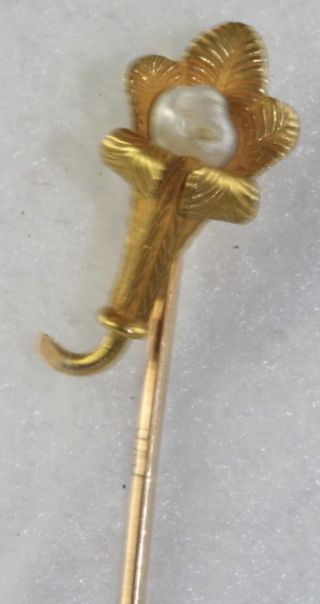 Victorian Antique 14k Gold Natural Baroque Pearl Lily Flower Stickpin