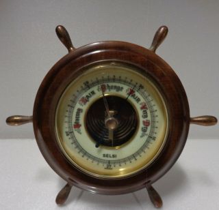 Vintage Selsi Barometer Brass Wood Nautical Ships Wheel Made In Germany