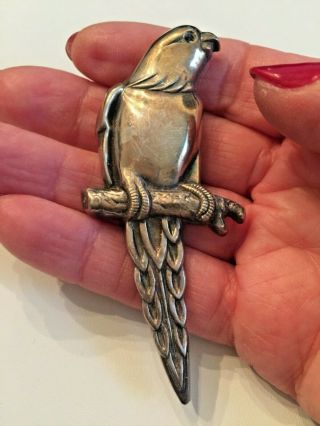Vtg 925 Sterling Silver Parrot On A Branch Brooch / Pendant Signed Over 3 "
