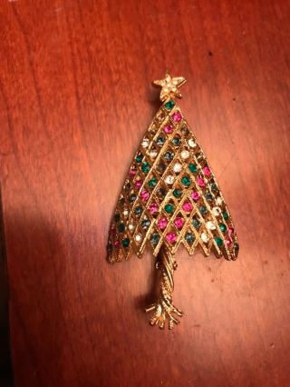 Vintage Signed Coro Rhinestone Christmas Tree Brooch/pin