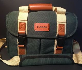 Vintage Canon Canvas Camera Bag Green Brown Leather Dslr Camcorder Carry Case