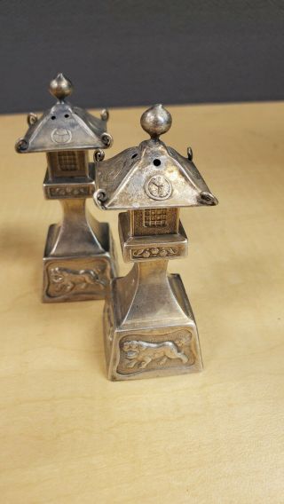Rare Vintage Japanese 950 Sterling Silver Pagoda Salt & Pepper Shakers