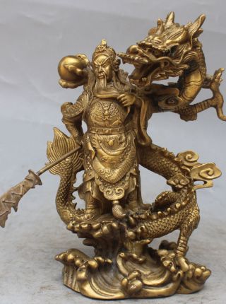 10“ Exquisite Fengshui Brass Guan Gong Yu Warrior God Sword Stand Dragon Statue