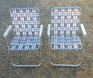 2 Vintage Sunbeam Matching Aluminum Folding Webbed Lawn Chairs Red/white/blue