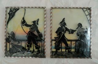 Vintage 4 X 5 " Convex Glass Silhouette Picture Pirates At Sunset On Ship
