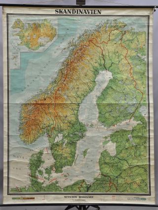 Vintage Poster Print Relief Map Wall Chart Scandinavia Norway Sweden Finland