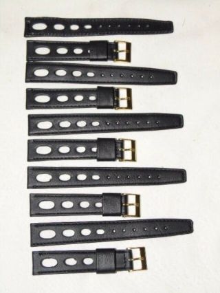 10 x VINTAGE BLACK LEATHER STITCHED RACING RALLY WATCH BANDS NOS 16MM 2