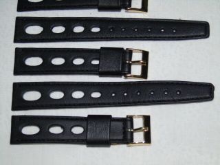 10 x VINTAGE BLACK LEATHER STITCHED RACING RALLY WATCH BANDS NOS 16MM 3