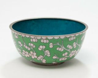 Vintage Chinese Hand Made White Metal & Green Enamel Prunus Blossom Bowl