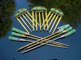 Group Of Antique Chinese Apple Green Jade & 14k Gold & Silver Hair Ornaments
