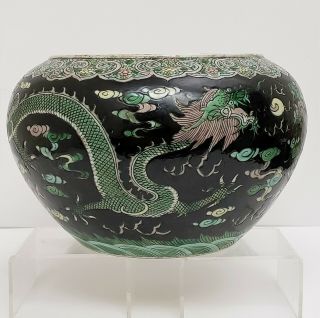 17th - 18th C Antique Chinese Kangxi Famille Noire Porcelain Planter Bowl Dragons