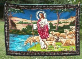 Large Jesus With Sheep Wall Tapestry Felt Religious Decor 40 " X 58 " Vintage