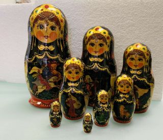 Russian Matryoshka Nesting Dolls Hand Painted 8pc.  Signed Fairy Tale Art.
