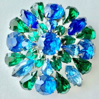 D&e Juliana Vintage Sapphire Blue Emerald Green Rhinestone Flower Brooch Pin 589