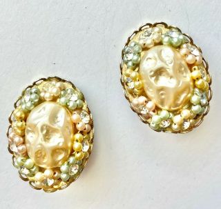 Vintage Baroque Pearl Pastel Green Blue Pink Yellow Flower Crystal Earrings 537