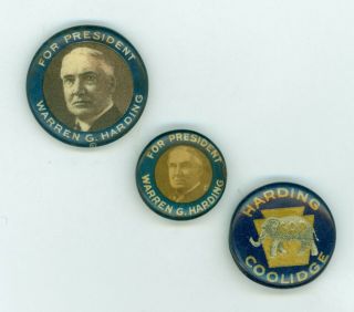 3 Vintage 1920 President Warren G.  Harding Political Campaign Pinback Buttons Bl