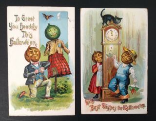 Vintage Halloween Postcards (2) Series 914 - Pumpkin People,  Grandfather Clock