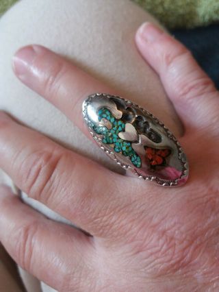 Vintage 30 Yr Old Sterling Ring Signed Mc Thunderbird Turquoise Coral Unique