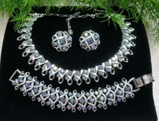 Vintage Coro Sign Necklace,  Bracelet & Earrings Set Blue Ab Silver Tone