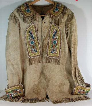 1890s Native American Iroquois Indian Bead Decorated Hide Jacket Beaded Coat