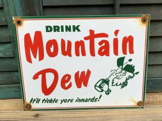 Vintage Mountain Dew Porcelain Sign Hillbilly Service Station Soda Pop