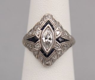 Ladies Antique Art Deco Platinum Marquise Diamond & Sapphires Filigree Ring Sz 5