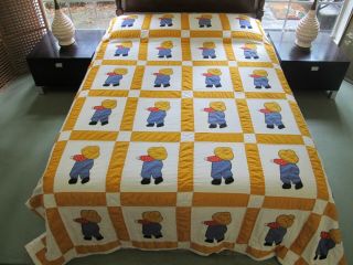 Vintage All Cotton Hand Sewn Applique Overall Sam Quilt,  Needs Minor Tlc; Queen