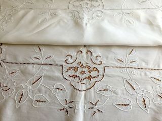 Vintage Embroidered Tablecloth White Cotton Raised Embroidery Cutwork Lace Linen