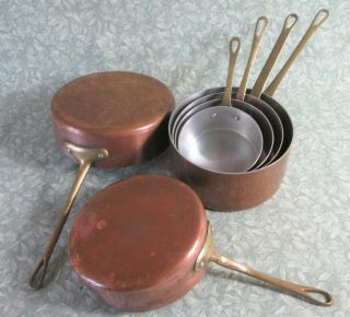 Vintage French Copper Set Of 4 Saucepans And 2 Frying Pans 2.  7 Kg Brass Handles