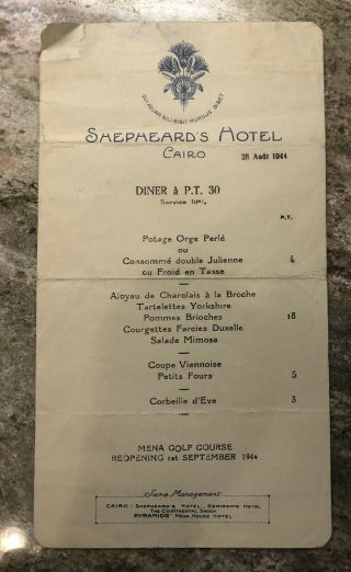 Vintage Wwii 1944 Shepheard’s Hotel Cairo Egypt Menu Mena House Hotel Flyer
