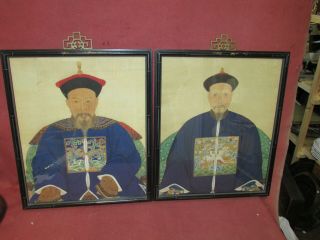 Pair Old Or Antique Chinese Ancestor Paintings On Silk Showing Rank Badges