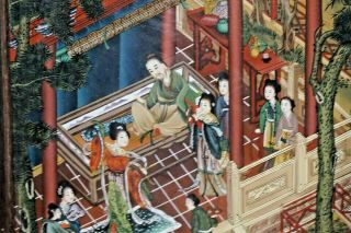 Chinese Eglomise Reverse Painted Framed Glass Panel Domestic Scene Pagoda 3