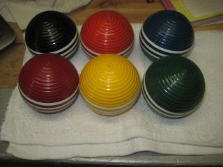 Set Of 6 Vintage Wood 3 " Ribbed Croquet Balls 3 Stripes Shape