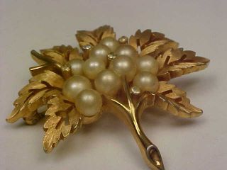 Vintage Signed Crown Trifari Goldtone & Faux Pearl/Rhinestone Leaf/Flower Brooch 3