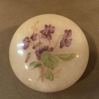 Alabaster Hinged Trinket Box Hand Carved In Italy Pink Round Violets Vtg