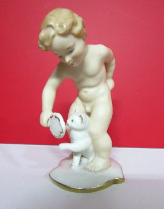 Vintage Alka Kunst Nude Naked Boy With Mirror And Kitty Cat W.  Germany Figurine