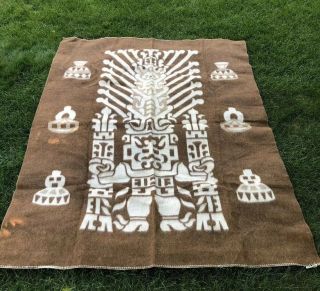 Vintage Huancatex Peru Aztec Inca Alpaca Wool Reversible Blanket 81x64 Brown