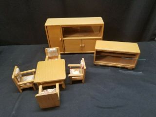 Vintage German Mid Century Dollhouse Miniature Wood Furniture Dining Room Set