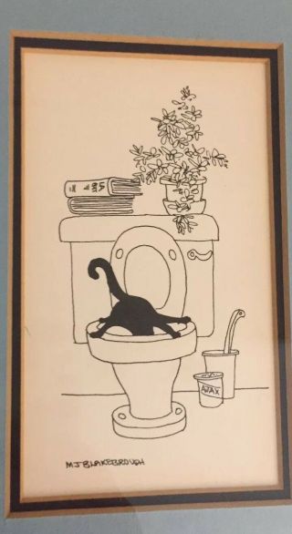 Vintage 1980’s Mj Blakebrough Ink Drawing Cartoon Of Cat Framed And Matted