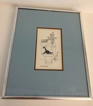 Vintage 1980’s MJ BLAKEBROUGH Ink Drawing Cartoon Of Cat Framed And Matted 2