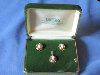 Vintage Amco 14k Gold Filled Metal Shell Cameo Pendant & Earrings Boxed