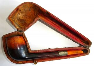 Vintage Briar Wooden Smoking Pipe With Amber Stem In Case