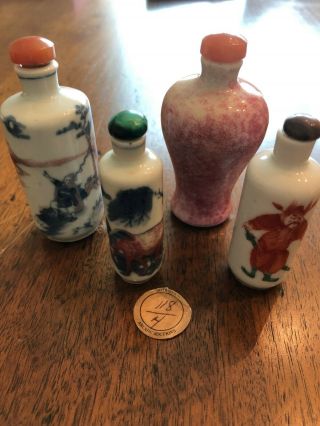 Chinese Snuff Bottles,  Group Of Four,  Red/blue Hand Painted; One W Red Crackle